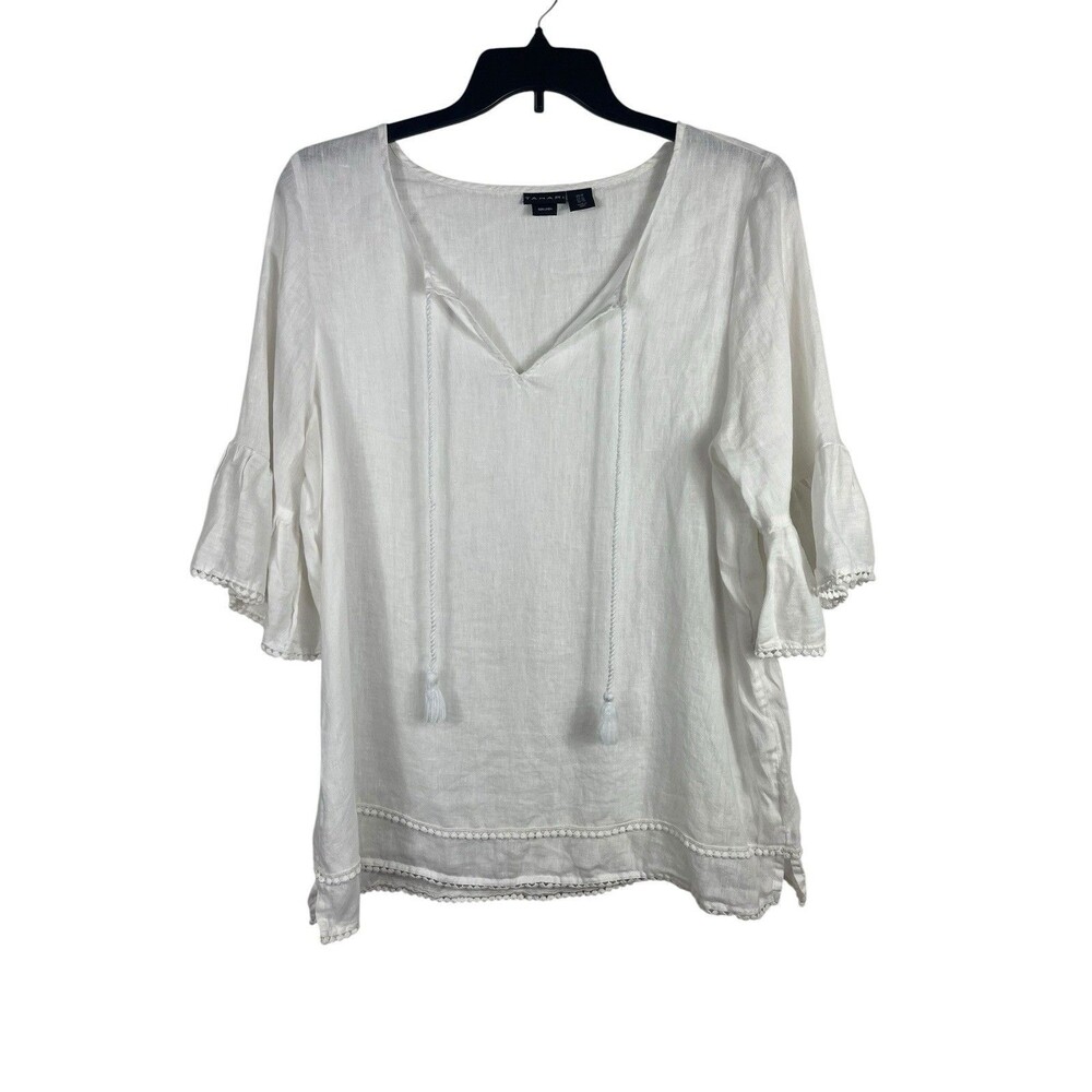 Tahari 100% Linen Peasant Blouse Womens 1X White Boho Tassel Tunic Top